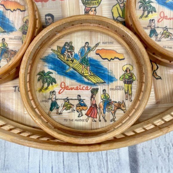 Vintage Tropical Bamboo Drink Tray & Coaster Set 1960s Rattan Tiki Bar MCM Decor - Picture 4 of 6